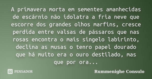 A primavera morta em sementes amanhecidas de escárnio não idolatra a fria neve que escorre dos grandes olhos marfins, cresce perdida entre valsas de pássaros qu... Frase de Rummenighe Consulo.