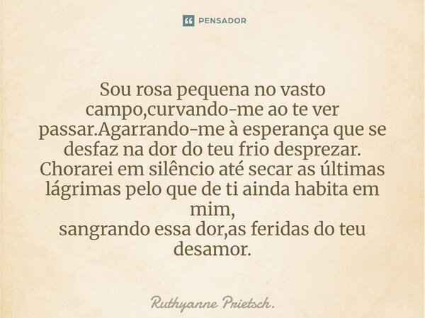 Sou rosa pequena no vasto campo,curvando-me ao te ver passar.Agarrando-me à esperança que se desfaz na dor do teu frio desprezar. Chorarei em silêncio até seca... Frase de Ruthyanne Prietsch..