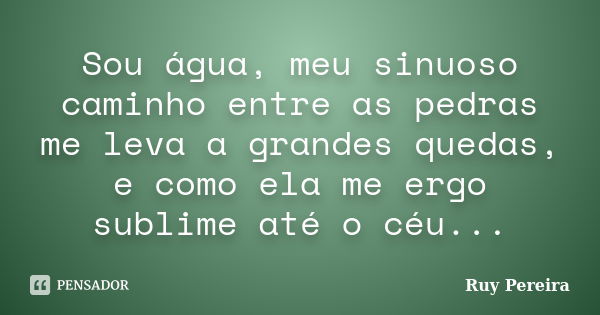 Sou água, meu sinuoso caminho entre as pedras me leva a grandes quedas, e como ela me ergo sublime até o céu...... Frase de Ruy Pereira.