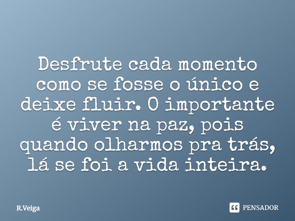 Desfrute cada momento como se fosse o único e deixe fluir. O importante é viver na paz, pois quando olharmos pra trás, lá se foi a vida inteira.... Frase de R.Veiga.