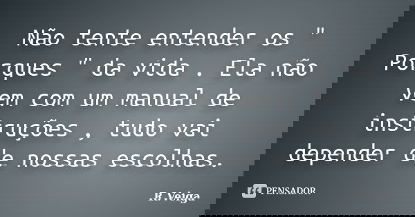 Não tente entender os " Porques " da vida . Ela não vem com um manual de instruções , tudo vai depender de nossas escolhas.... Frase de R.Veiga.