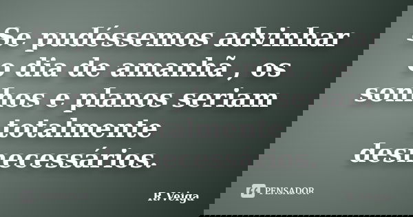 Se pudéssemos advinhar o dia de amanhã , os sonhos e planos seriam totalmente desnecessários.... Frase de R.Veiga.