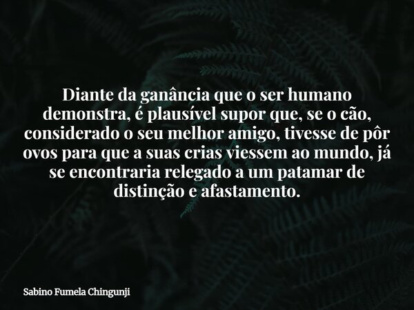 Diante da ganância que o ser humano demonstra, é plausível supor que, se o cão, considerado o seu melhor amigo, tivesse de pôr ovos para que a suas crias viesse... Frase de Sabino Fumela Chingunji.