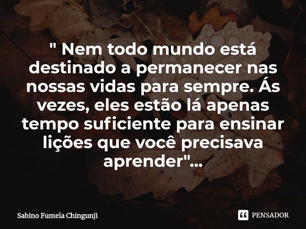 ⁠" Nem todo mundo está destinado a permanecer nas nossas vidas para sempre. Ás vezes, eles estão lá apenas tempo suficiente para ensinar lições que você pr... Frase de Sabino Fumela Chingunji.