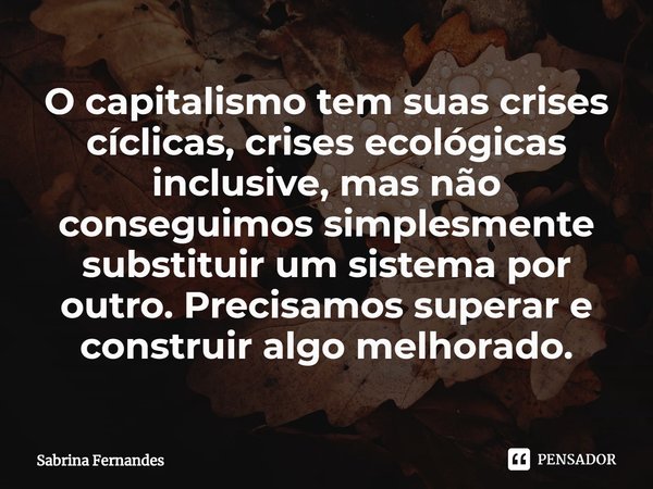 ⁠O capitalismo tem suas crises cíclicas, crises ecológicas inclusive, mas não conseguimos simplesmente substituir um sistema por outro. Precisamos superar e con... Frase de Sabrina Fernandes.