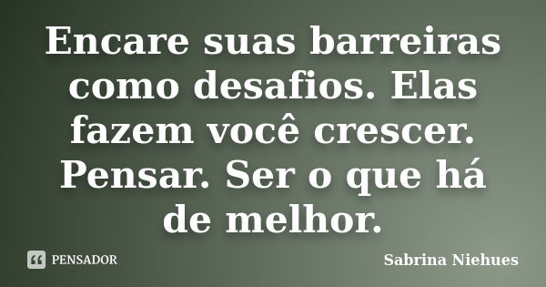 Encare suas barreiras como desafios. Elas fazem você crescer. Pensar. Ser o que há de melhor.... Frase de Sabrina Niehues.