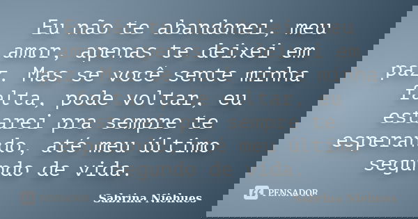 Eu não te abandonei, meu amor, apenas te deixei em paz. Mas se você sente minha falta, pode voltar, eu estarei pra sempre te esperando, até meu último segundo d... Frase de Sabrina Niehues.