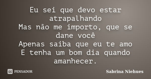 Eu sei que devo estar atrapalhando Mas não me importo, que se dane você Apenas saiba que eu te amo E tenha um bom dia quando amanhecer.... Frase de Sabrina Niehues.