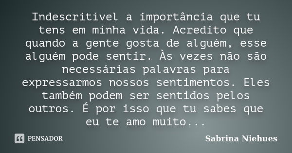 Indescritível a importância que tu tens em minha vida. Acredito que quando a gente gosta de alguém, esse alguém pode sentir. Às vezes não são necessárias palavr... Frase de Sabrina Niehues.