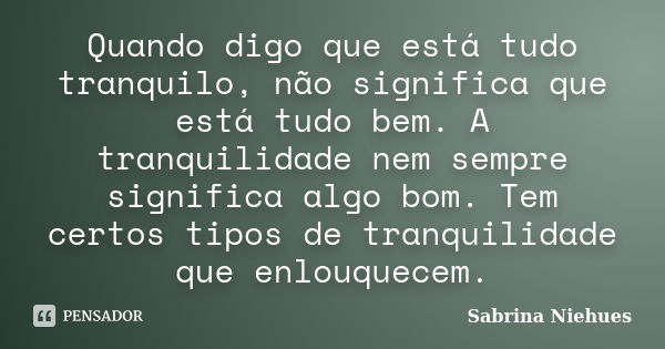 Quando digo que está tudo tranquilo, não significa que está tudo bem. A tranquilidade nem sempre significa algo bom. Tem certos tipos de tranquilidade que enlou... Frase de Sabrina Niehues.