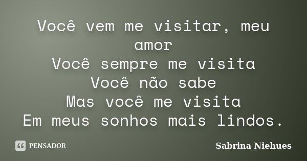 Você vem me visitar, meu amor Você sempre me visita Você não sabe Mas você me visita Em meus sonhos mais lindos.... Frase de Sabrina Niehues.