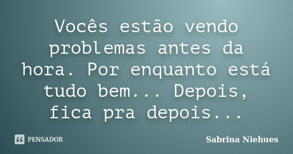 Vocês estão vendo problemas antes da hora. Por enquanto está tudo bem... Depois, fica pra depois...... Frase de Sabrina Niehues.