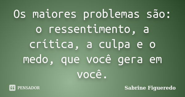 Os maiores problemas são: o ressentimento, a crítica, a culpa e o medo, que você gera em você.... Frase de Sabrine Figueredo.