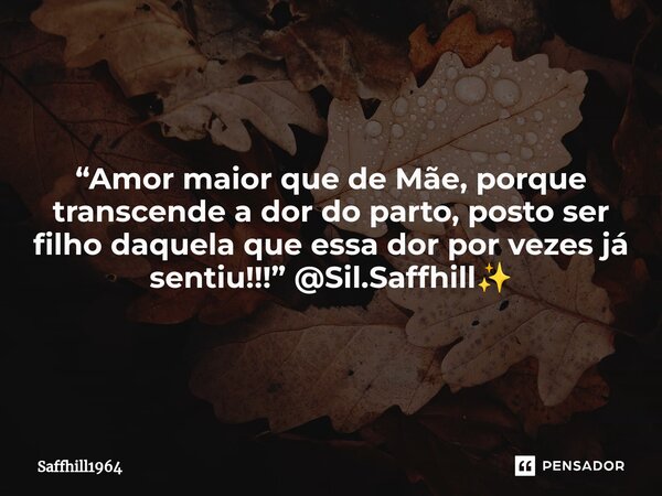 ⁠“Amor maior que de Mãe, porque transcende a dor do parto, posto ser filho daquela que essa dor por vezes já sentiu!!!” @Sil.Saffhill✨... Frase de Saffhill1964.