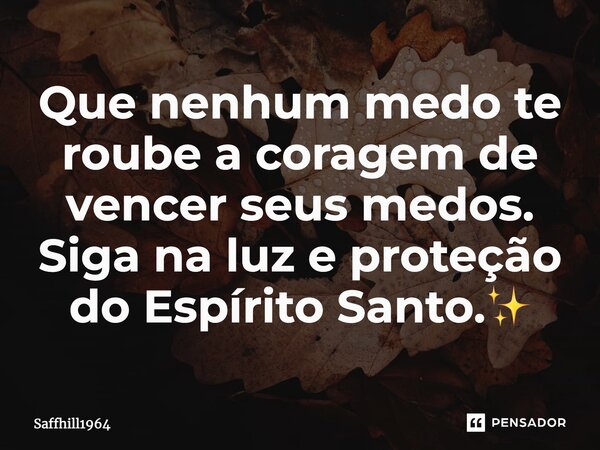 Que nenhum medo te roube a coragem de vencer seus medos. Siga na luz e proteção do Espírito Santo.✨... Frase de Saffhill1964.