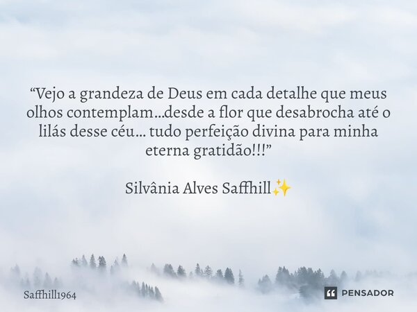 ⁠“Vejo a grandeza de Deus em cada detalhe que meus olhos contemplam…desde a flor que desabrocha até o lilás desse céu… tudo perfeição divina para minha eterna g... Frase de Saffhill1964.