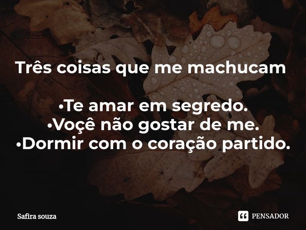 Três coisas que me machucam ⁠ •Te amar em segredo.
•Voçê não gostar de me.
•Dormir com o coração partido.... Frase de Safira souza.