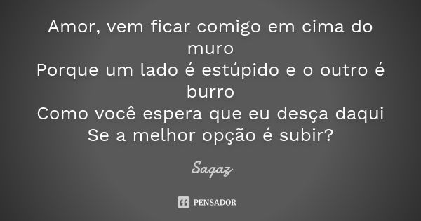 Amor, vem ficar comigo em cima do muro Porque um lado é estúpido e o outro é burro Como você espera que eu desça daqui Se a melhor opção é subir?... Frase de Sagaz.