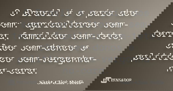 O Brasil é o país dos sem: agricultores sem-terra, famílias sem-teto, cães sem-donos e políticos sem-vergonha-na-cara.... Frase de Saint-Clair Mello.