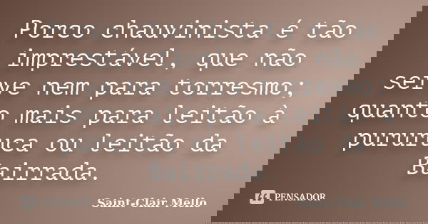 Porco chauvinista é tão imprestável, que não serve nem para torresmo; quanto mais para leitão à pururuca ou leitão da Bairrada.... Frase de Saint-Clair Mello.