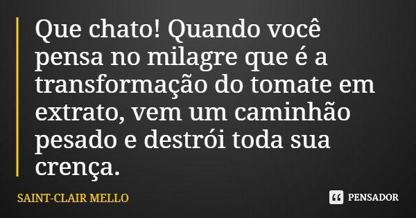 Que chato! Quando você pensa no milagre que é a transformação do tomate em extrato, vem um caminhão pesado e destrói toda sua crença.... Frase de SAINT-CLAIR MELLO.