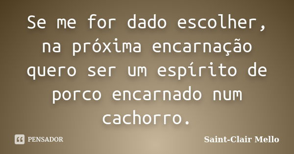 Se me for dado escolher, na próxima encarnação quero ser um espírito de porco encarnado num cachorro.... Frase de Saint-Clair Mello.