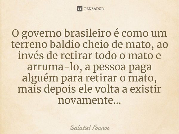 ⁠O governo brasileiro é como um terreno baldio cheio de mato, ao invés de retirar todo o mato e arruma-lo, a pessoa paga alguém para retirar o mato, mais depois... Frase de Salatiel Fornos.