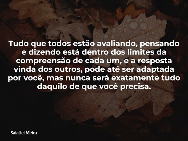 Tudo que todos estão avaliando, pensando e dizendo está dentro dos limites da compreensão de cada um, e a resposta vinda dos outros, pode até ser adaptada por v... Frase de Salatiel Meira.