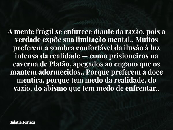 A mente frágil se enfurece diante da razão, pois a verdade expõe sua limitação mental.. Muitos preferem a sombra confortável da ilusão à luz intensa da realidad... Frase de SalatielFornos.