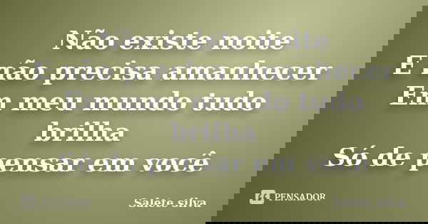 Não existe noite E não precisa amanhecer Em meu mundo tudo brilha Só de pensar em você... Frase de Salete Silva.
