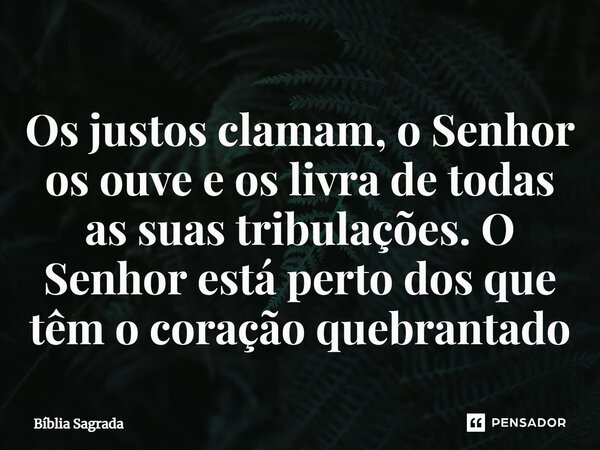 Os justos clamam, o Senhor os ouve e os livra de todas as suas tribulações. O Senhor está perto dos que têm o coração quebrantado... Frase de Bíblia Sagrada.
