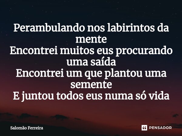 ⁠Perambulando nos labirintos da mente Encontrei muitos eus procurando uma saída Encontrei um que plantou uma semente E juntou todos eus numa só vida... Frase de Salomão Ferreira.