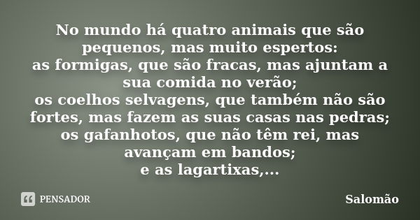 No mundo há quatro animais que são pequenos, mas muito espertos: as formigas, que são fracas, mas ajuntam a sua comida no verão; os coelhos selvagens, que també... Frase de Salomão.