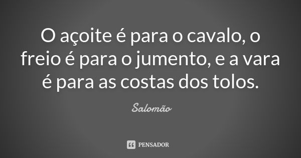 O açoite é para o cavalo, o freio é para o jumento, e a vara é para as costas dos tolos.... Frase de Salomão.