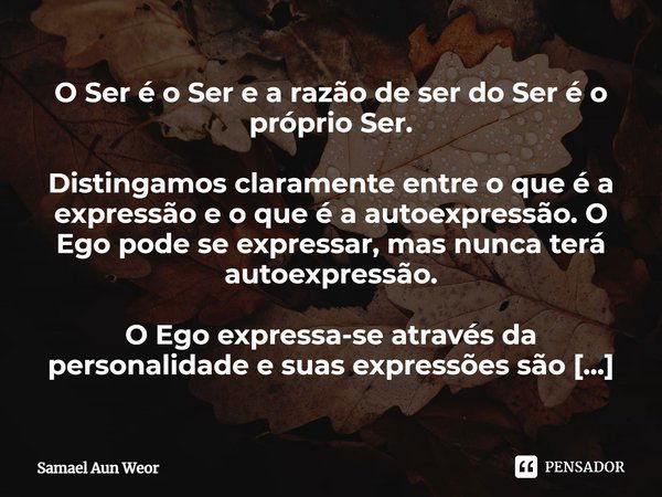 O Ser é o Ser e a razão de ser do Ser é o próprio Ser. Distingamos claramente entre o que é a expressão e o que é a autoexpressão. O Ego pode se expressar, mas ... Frase de Samael Aun Weor.