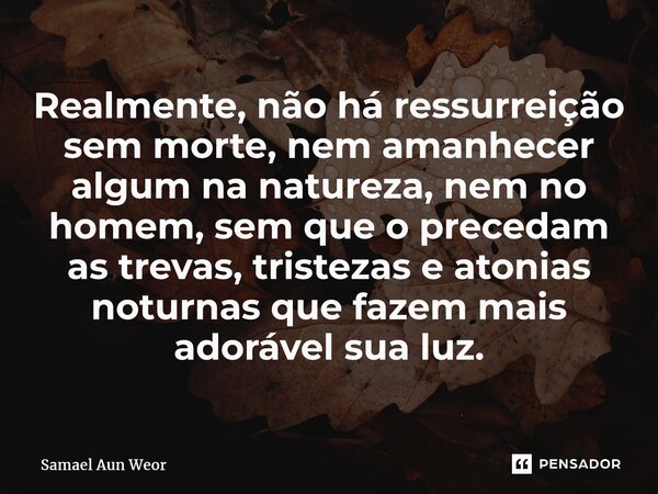 ⁠Realmente, não há ressurreição sem morte, nem amanhecer algum na natureza, nem no homem, sem que o precedam as trevas, tristezas e atonias noturnas que fazem m... Frase de Samael Aun Weor.