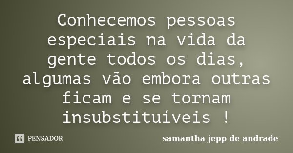 Conhecemos pessoas especiais na vida da gente todos os dias, algumas vão embora outras ficam e se tornam insubstituíveis !... Frase de Samantha Jepp de Andrade.