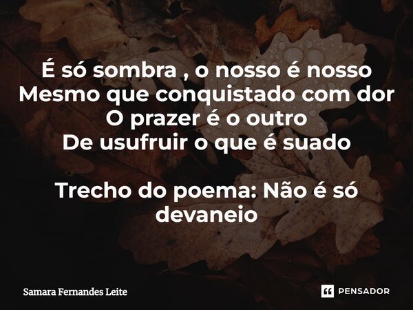 ⁠É só sombra , o nosso é nosso Mesmo que conquistado com dor O prazer é o outro De usufruir o que é suado Trecho do poema: Não é só devaneio... Frase de Samara Fernandes Leite.