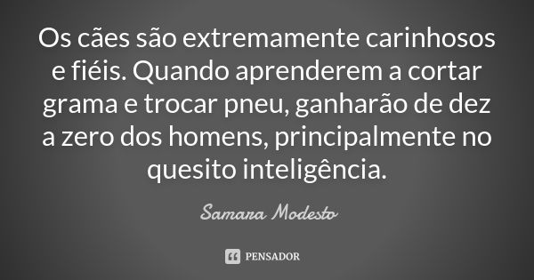 Os cães são extremamente carinhosos e fiéis. Quando aprenderem a cortar grama e trocar pneu, ganharão de dez a zero dos homens, principalmente no quesito inteli... Frase de Samara Modesto.