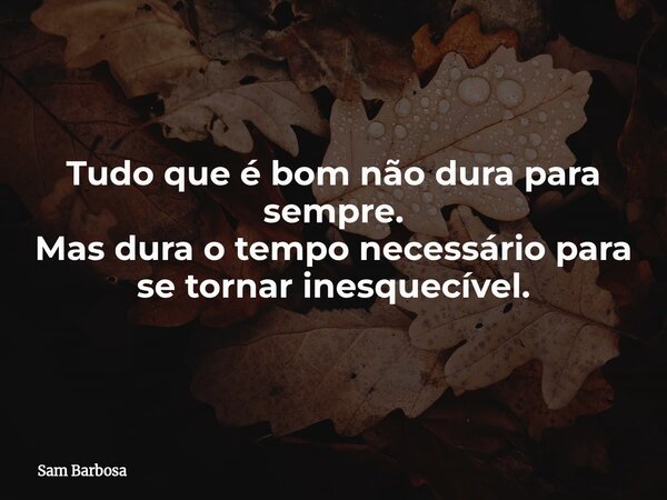 Tudo que é ⁠bom não dura para sempre. Mas dura o tempo necessário para se tornar inesquecível.... Frase de Sam Barbosa.