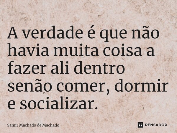⁠A verdade é que não havia muita coisa a fazer ali dentro senão comer, dormir e socializar.... Frase de Samir Machado de Machado.