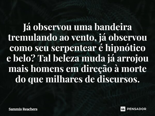 ⁠Já observou uma bandeira tremulando ao vento, já observou como seu serpentear é hipnótico e belo? Tal beleza muda já arrojou mais homens em direção à morte do ... Frase de Sammis Reachers.