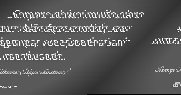 Sempre deixei muito claro que: Não faço sentido, sou uma bagunça, você poderá sair machucado...... Frase de Sammy Beltrame (Layse Santana).