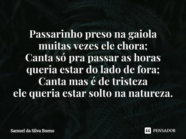 ⁠Passarinho preso na gaiola
muitas vezes ele chora;
Canta só pra passar as horas
queria estar do lado de fora;
Canta mas é de tristeza
ele queria estar solto na... Frase de Samuel da Silva Bueno.