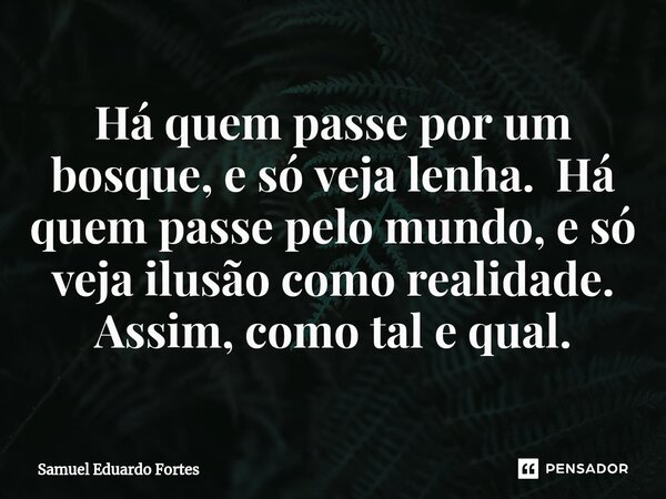 ⁠Há quem passe por um bosque, e só veja lenha. Há quem passe pelo mundo, e só veja ilusão como realidade. Assim, como tal e qual.... Frase de Samuel Eduardo Fortes.