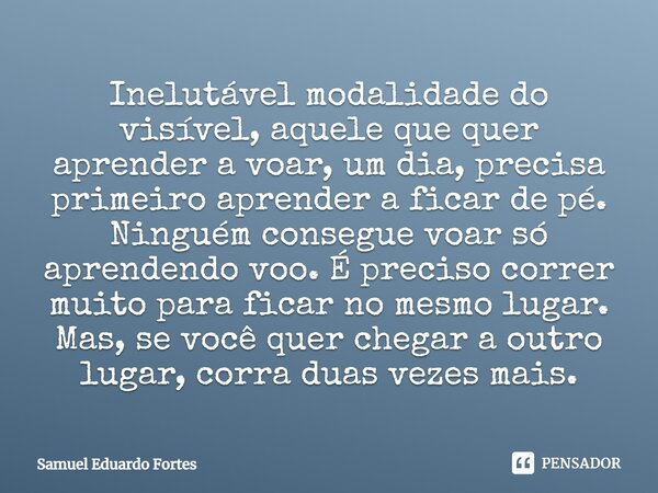 Inelutável modalidade do visível, aquele que quer aprender a voar, um dia, precisa primeiro aprender a ficar de pé. Ninguém consegue voar só aprendendo voo. É p... Frase de Samuel Eduardo Fortes.