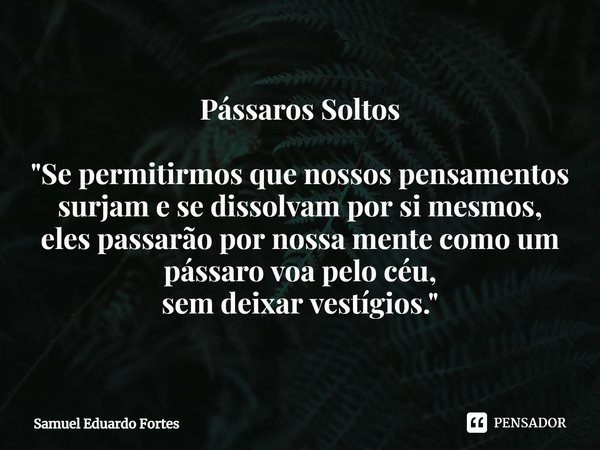 ⁠Pássaros Soltos "Se permitirmos que nossos pensamentos surjam e se dissolvam por si mesmos,
eles passarão por nossa mente como um pássaro voa pelo céu,
se... Frase de Samuel Eduardo Fortes.