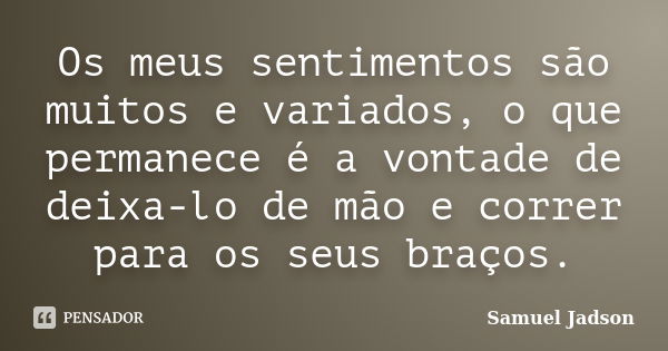 Os meus sentimentos são muitos e variados, o que permanece é a vontade de deixa-lo de mão e correr para os seus braços.... Frase de Samuel Jadson.