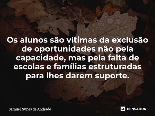 ⁠Os alunos são vítimas da exclusão de oportunidades não pela capacidade, mas pela falta de escolas e famílias estruturadas para lhes darem suporte.... Frase de Samuel Nunes de Andrade.