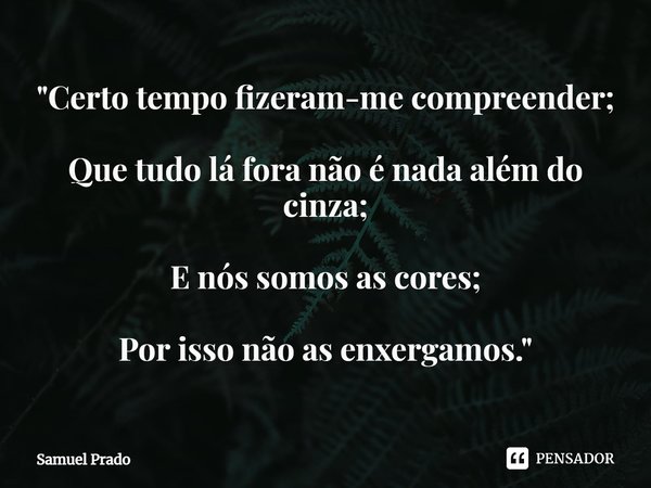 "Certo tempo fizeram-me compreender; Que tudo lá fora não é nada além do cinza; E nós somos as cores; Por isso não as enxergamos."... Frase de Samuel Prado.